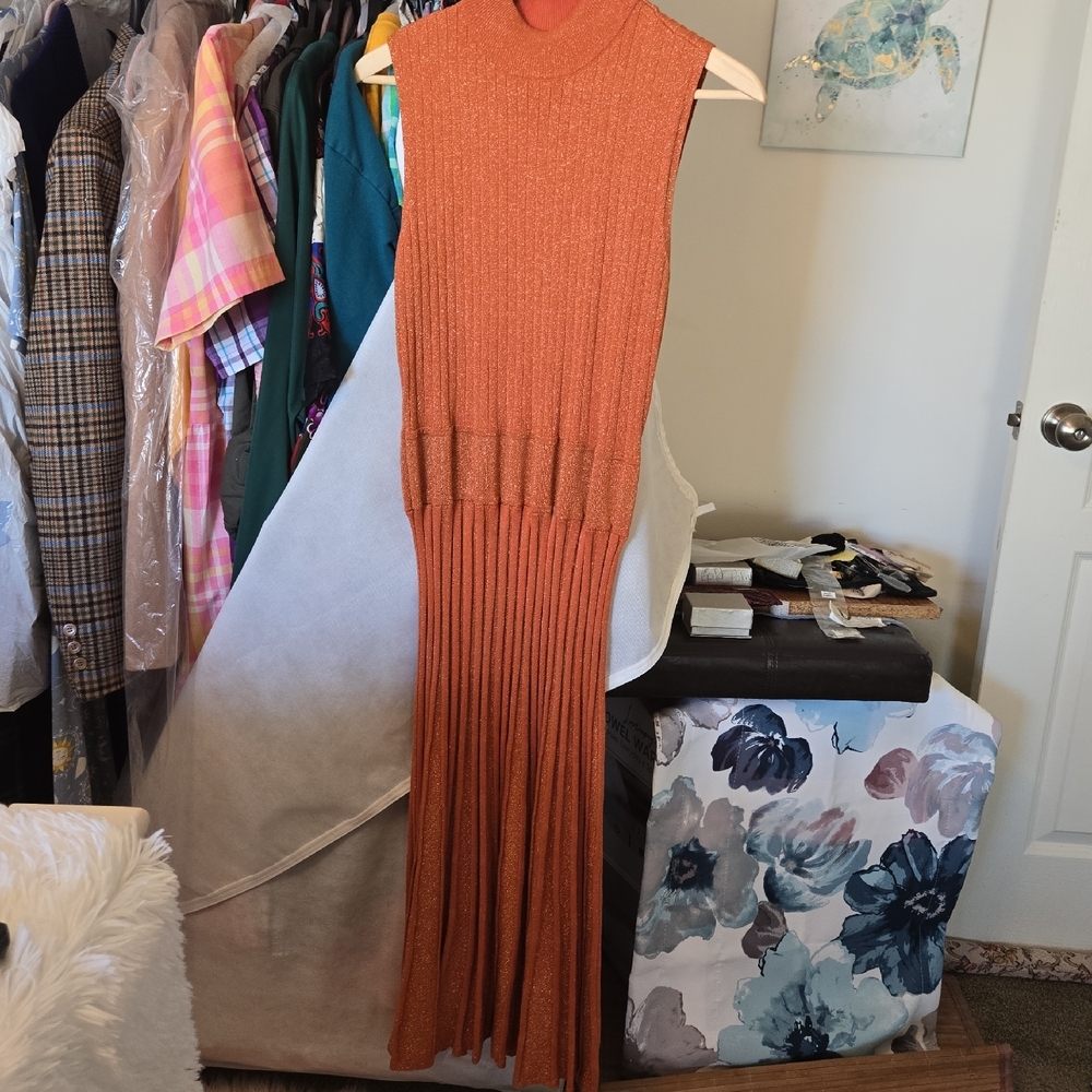 Orange Pleated Ribbed Maxi Dress